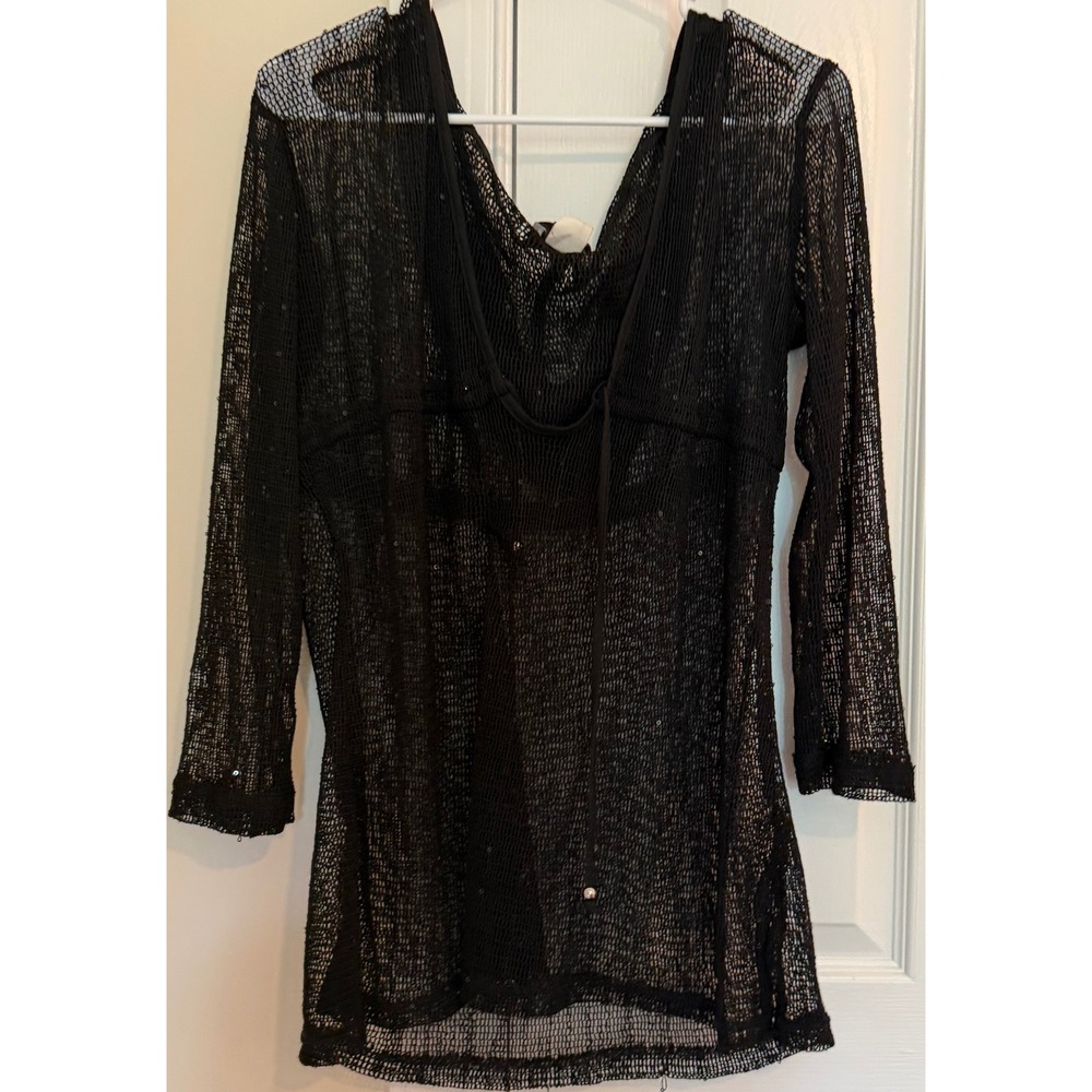 A.V.V. Black Mesh Sequin Tunic Top Sheer Long Sleeve V-Neck Cover‎ Up Small 2245